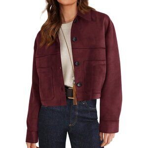 Women's Faux Suede Cropped Jacket Casual Lightweight Spring Outerwear Burgundy